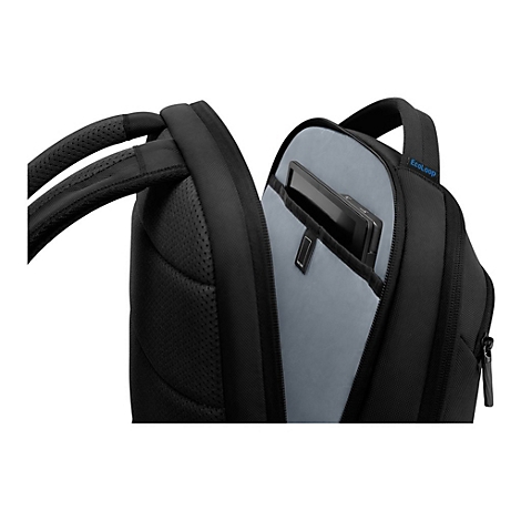 Schwarzer Rucksack, offene Tasche mit Smartphone.