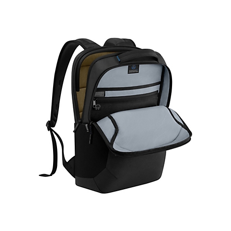 Schwarzer Rucksack mit geÃ¶ffneten FÃ¤chern. Innenraum mit grauem Stoff ausgekleidet, der vordere Teil ist geÃ¶ffnet.