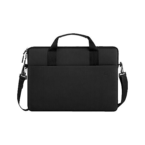 Schwarze Laptoptasche mit Tragegriff und Schulterriemen, Reißverschluss und Fronttasche.