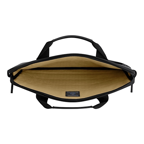 Schwarze Laptoptasche, offen, mit goldfarbenem Innenfutter. Oben und unten befinden sich Tragegriffe. Auf dem Innenfutter ist ein Textlabel sichtbar.