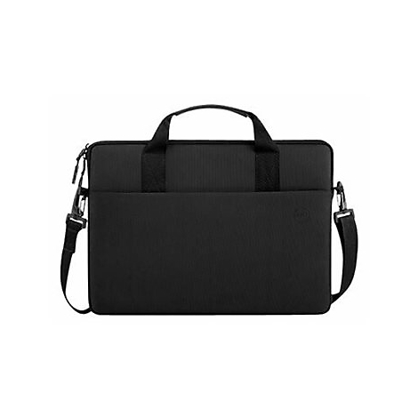 Schwarze Laptoptasche mit Tragegriff und Schultergurt. Auf der Vorderseite befindet sich eine weitere kleinere Tasche.