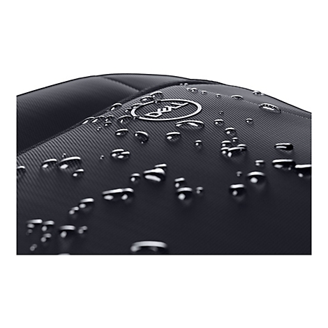 Gros plan d'une surface noire texturée avec des gouttelettes d'eau. Le logo Dell est visible.