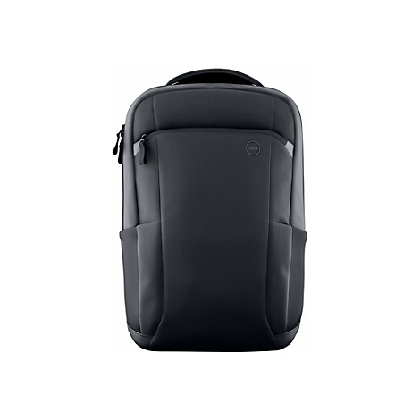 Schwarzer Dell Rucksack für Laptops in schlichtem, modernem Design vor weißem Hintergrund.