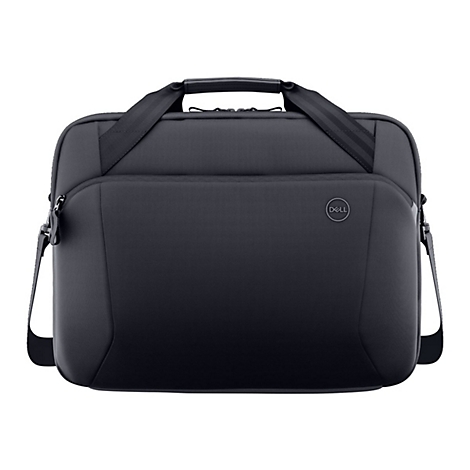 Dunkelgraue Laptoptasche mit Tragegriff und Schulterriemen. Auf der Front das Dell-Logo.