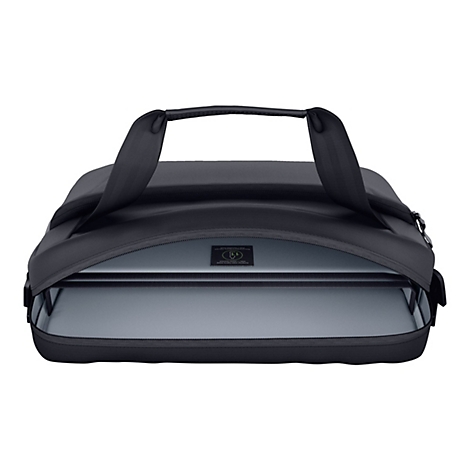 Schwarze Laptoptasche, offen, mit Tragegriffen und Reißverschluss. Label innen.