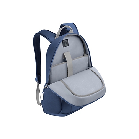 Sac à dos bleu avec compartiment principal ouvert, doublure grise et sangles gris clair. Il y a une étiquette avec du texte à l'intérieur.