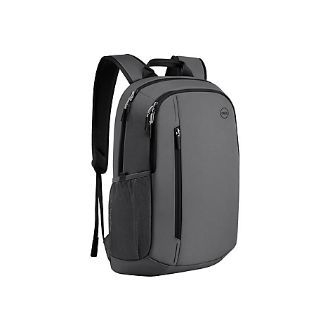 Grauer Rucksack mit schwarzen ReiÃŸverschlÃ¼ssen und Schultergurten; Dell-Logo.
