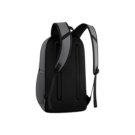 Grauer Rucksack, RÃ¼ckansicht. Schwarze RÃ¼ckenpartie, gepolsterte TrÃ¤ger und graue Elemente.