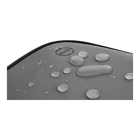 Grauer Stoff mit Wassertropfen, Dell Logo. Schwarzer Rand.