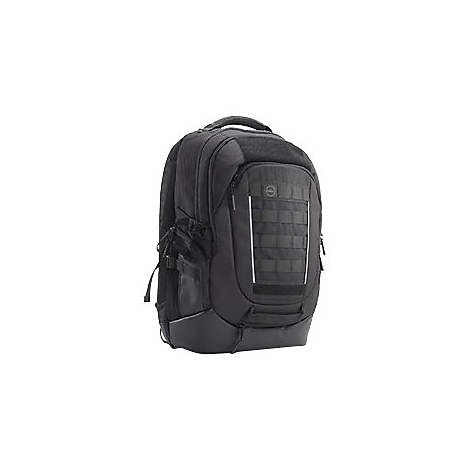 Schwarzer Rucksack mit vielen Fächern und Gurten. Auf der Vorderseite sind horizontale und vertikale Bänder angebracht. Ein weißer Streifen verläuft vertikal.