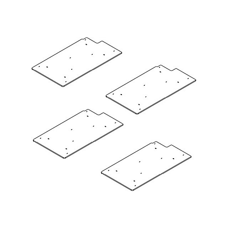 Vier rechteckige Platten, leicht perspektivisch dargestellt, mit mehreren Löchern.