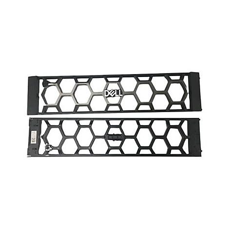 Zwei schwarze, wabenförmige Blenden mit "DELL"-Logo. Im Detail: metallische und wabenförmige Strukturen.