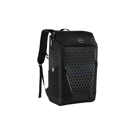 Schwarzer Laptop-Rucksack mit Dell-Logo. Die Vorderseite zeigt ein Dreiecksmuster. Zwei Reißverschlüsse, gepolsterte Gurte.