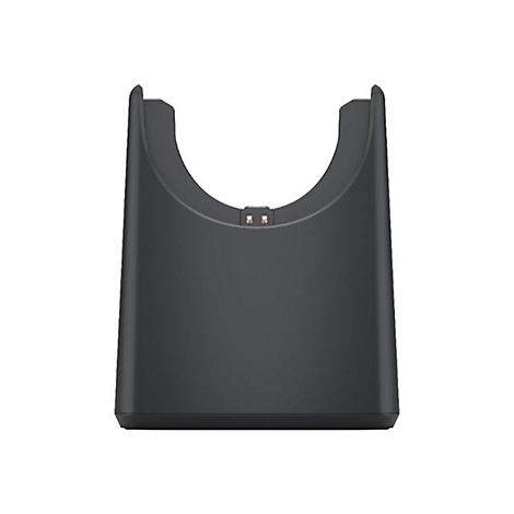 Station de recharge gris foncé avec le haut courbé. Deux petits contacts dorés sont visibles.