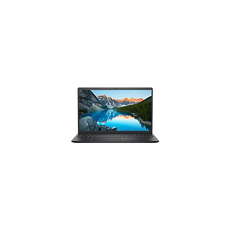 Schwarzer Laptop mit offenem Bildschirm, der eine Berglandschaft mit See zeigt.