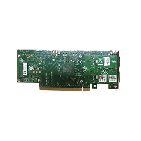 Grüne Intel-Netzwerkkarte mit Leiterbahnen, Bauteilen und diversen Aufklebern auf weißem Hintergrund.