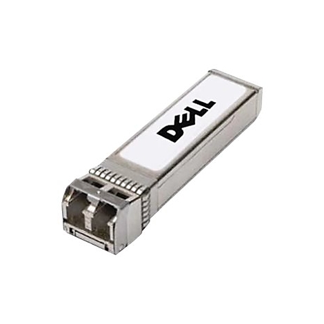 Ein silberner Dell SFP-Transceiver mit weißer Oberseite und dem Dell-Logo.