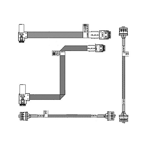 Technische Zeichnung mit verschiedenen Perspektiven von Flachbandkabeln und Steckern. Detaillierte Ansicht der Konstruktion.