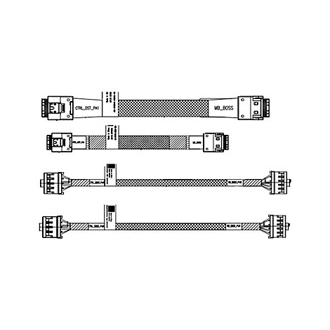 Technische Zeichnung mit vier verschiedenen Kabeltypen, alle mit Steckverbindern. Die Kabel sind in unterschiedlichen Mustern dargestellt und beschriftet.