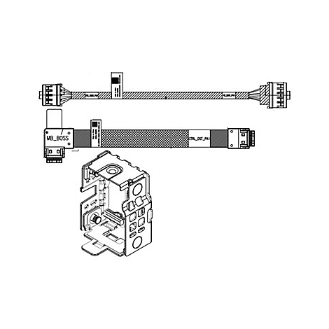 Technische Zeichnung mit Kabeln und Komponenten. Beschriftung: MB_BOSS, CTRL_DST_PA. Detailansicht eines Gehäuses.