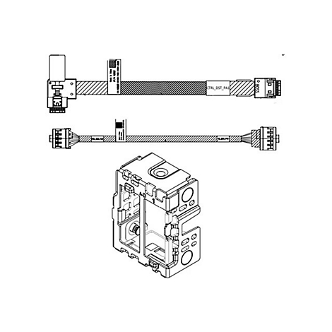 Technische Zeichnung mit Kabeln und Gehäuse in Schwarz-Weiß. Oben und in der Mitte Kabel mit Aufdruck, unten Gehäuse.