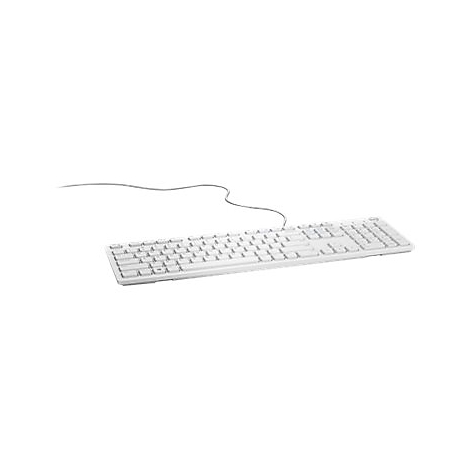 Weisse Computertastatur mit Kabel auf weissem Hintergrund.