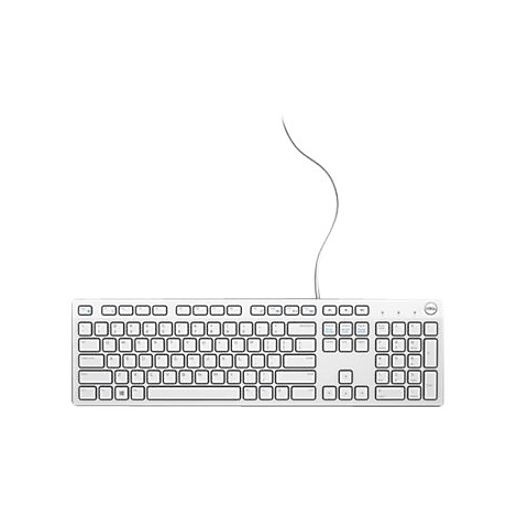Weiße Dell-Tastatur mit Kabel und zahlreichen Tasten, vor weißem Hintergrund.