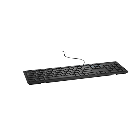 Schwarze Computertastatur, im Winkel abgebildet. Ein Kabel verbindet die Tastatur mit der Bildkante.
