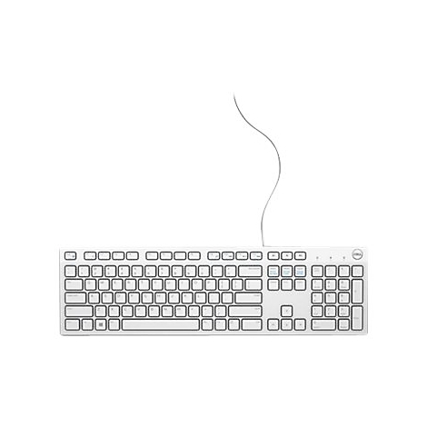Hellgraue Dell-Tastatur, Kabel nach oben. Auf weißen Tasten sind Buchstaben und Symbole in dunkler Farbe zu sehen.