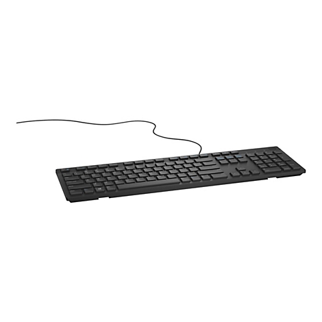 Schwarze Computertastatur mit Kabel auf weißem Hintergrund. Die Tasten sind beschriftet.