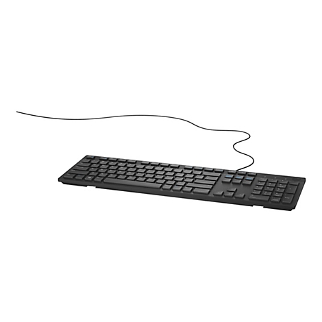 Schwarze Computertastatur mit Kabel auf weißem Hintergrund.