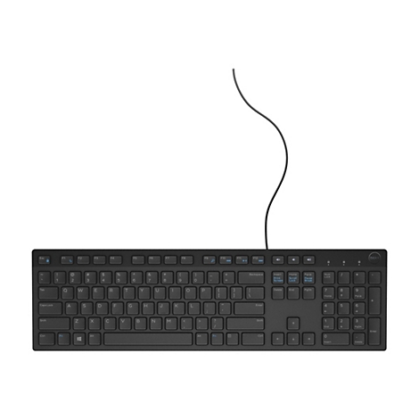 Schwarze Dell-Tastatur mit Kabel auf weißem Hintergrund. Alle Tasten sind sichtbar. Das Kabel verläuft nach oben.