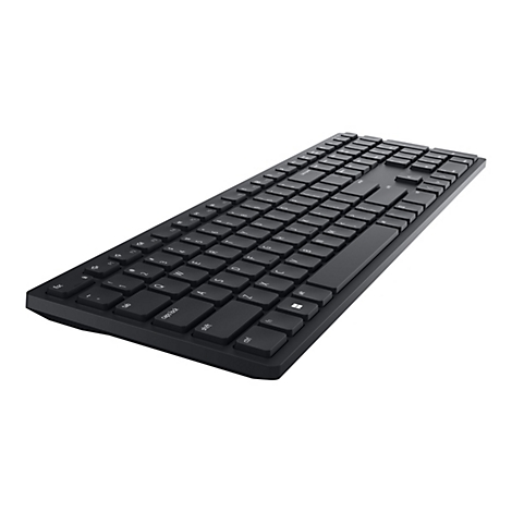 Schwarze Tastatur mit weißen Beschriftungen auf weißen Hintergrund.