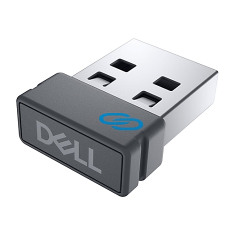Ein Dell USB-Adapter. Grau und silber. Mit Dell-Logo und blauem Symbol.