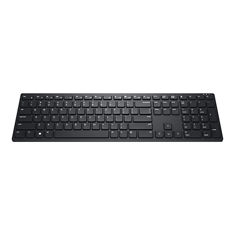 Schwarze Tastatur mit weißen Beschriftungen, Tastenlayout mit Buchstaben, Zahlen und Sonderzeichen.