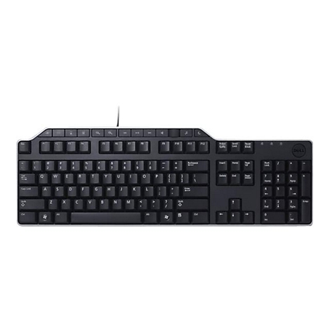 Schwarze Dell-Tastatur, auf weißem Hintergrund. Buchstaben und Zahlen sind deutlich sichtbar. Kabel ist angeschlossen.