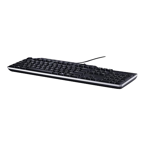 Schwarze Tastatur mit weißem Rahmen, Kabelanschluss. Auf weißem Hintergrund.