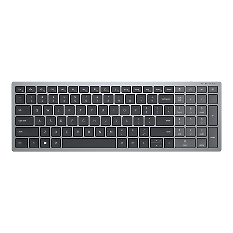 Draufsicht auf eine graue Computer-Tastatur mit schwarzen Tasten. Die Anordnung ist in Standard-QWERTZ. Zusätzliche Tasten für Lautstärke, Helligkeit, Home/End und Nummernblock.