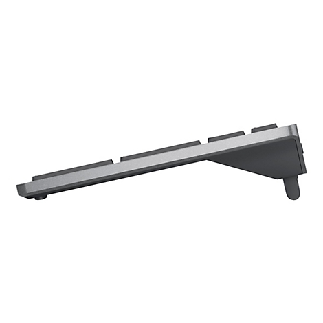 Seitenansicht einer silbernen Tastatur mit schwarzen Tasten. Die Tastatur hat eine leicht erhöhte Neigung.