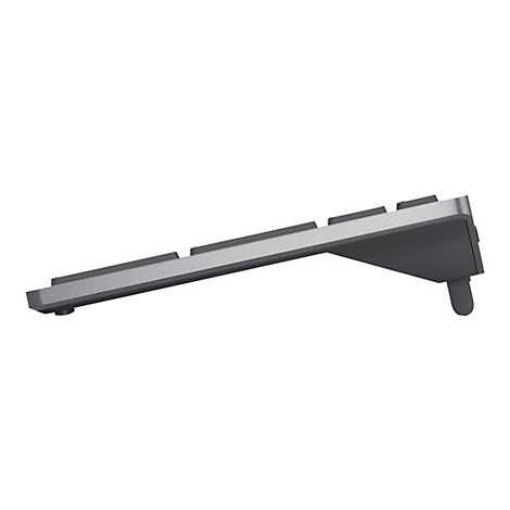 Graue Tastatur, Seitenansicht. Schwarze Tasten, die auf einer leicht angewinkelten, silbernen Basis platziert sind. Ein Stützfuß ist auf der rechten Seite zu sehen.