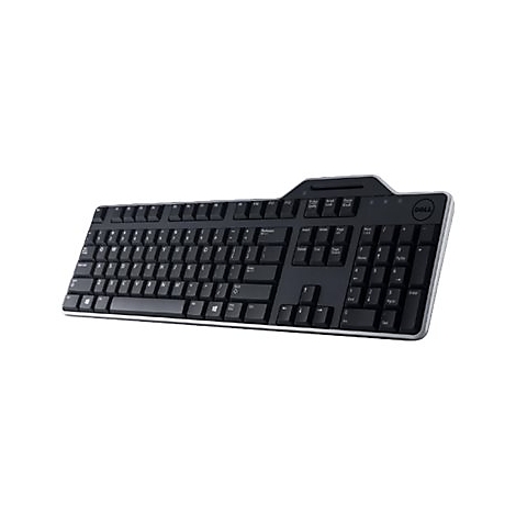 Schwarze Dell-Tastatur mit silbernem Rand, auf weiÃŸem Hintergrund. Am rechten Rand ist das Dell-Logo sichtbar.