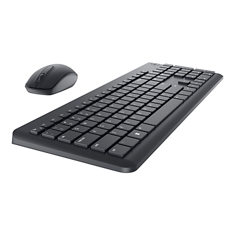 Draufsicht auf ein schwarzes kabelloses Tastatur- und Maus-Set. Die Tastatur hat flache Tasten mit weißer Beschriftung. Die Maus hat ein schlankes Design mit einem Scrollrad und Tasten.