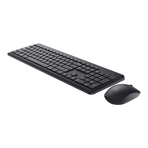 Draufsicht auf ein schwarzes Dell-Tastatur- und Maus-Set auf weißem Hintergrund. Die Tastatur hat eine rechteckige Form mit schwarzen Tasten. Die Maus ist oval und hat das Dell-Logo.