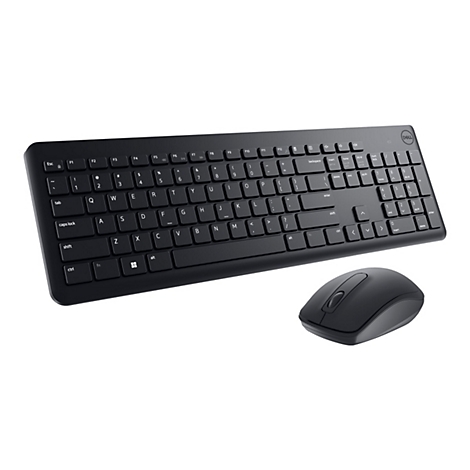 Schwarzes Dell-Keyboard mit dazugehöriger Maus, beide vor weißem Hintergrund. Die Tastatur zeigt Tastenbeschriftungen, das Dell-Logo ist sichtbar.