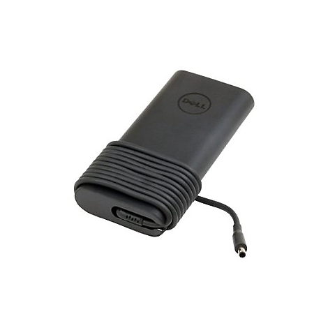 Schwarzes Dell-Laptop-Netzteil mit aufgewickeltem Kabel und Stecker.