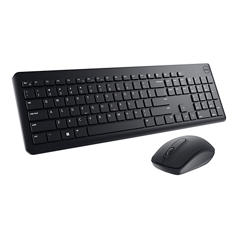 Clavier et souris sans fil noirs sur fond blanc. Le clavier a un design plat avec diverses touches, y compris des touches de fonction et un pavé numérique. La souris est de forme ergonomique et complète visuellement le clavier.