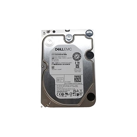 Silberne Dell EMC Festplatte mit 2 TB Speicherkapazität und technischen Aufkleber-Details vor weißem Hintergrund.