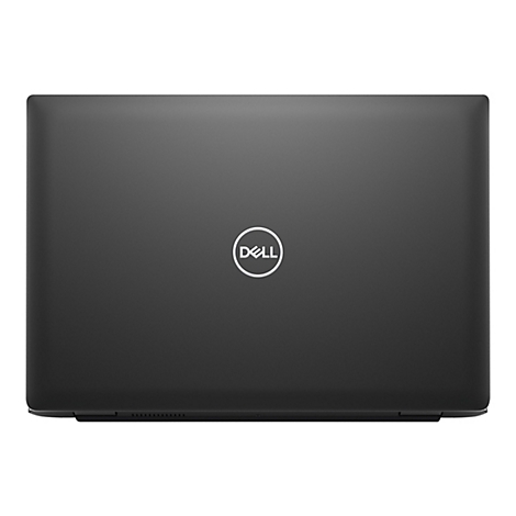 Dunkelgraues Laptop-Oberteil mit dem weißen Dell-Logo. Glatte Oberfläche.