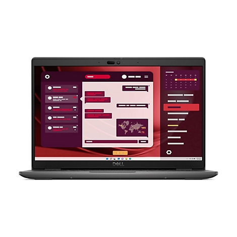 Dunkelgraues Dell-Notebook mit geöffnetem Display. Auf dem Bildschirm sind eine Nachrichten-App mit Chat-Blasen und ein Kalender zu sehen.