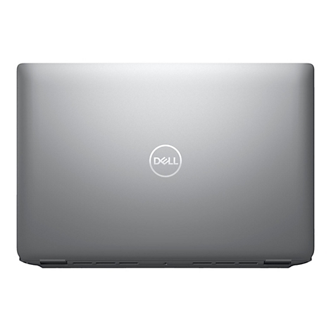 Draufsicht auf ein silbernes Dell Laptop mit geschlossenem Deckel, im Zentrum das Dell Logo.